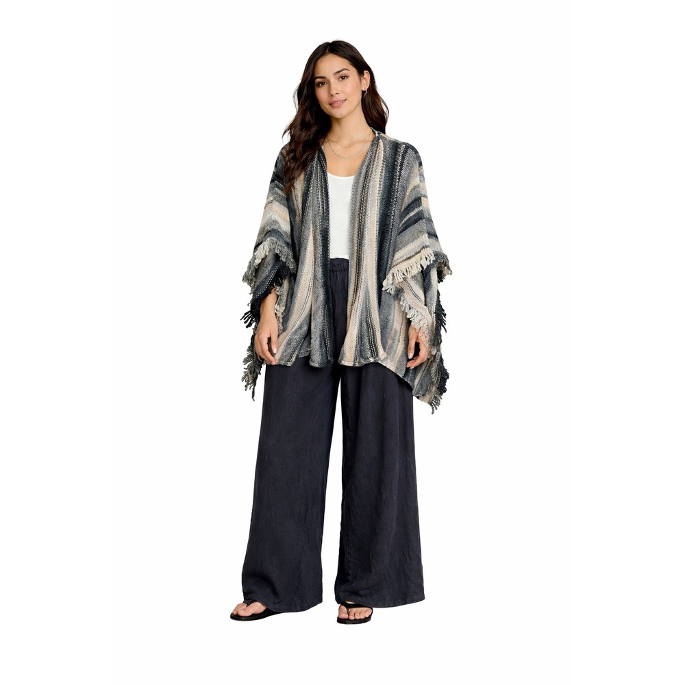 E.D.‎ Made in Italy Striped Knit Poncho Fringe Open Front Sweater Cape Wool OS